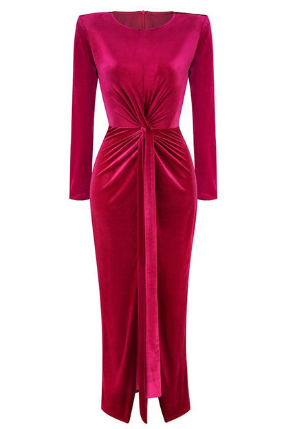 Velvet Knotted Long Sleeve Maxi Dress
