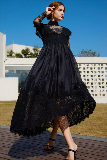 Lace High Neck Long Sleeve Midi Dress
