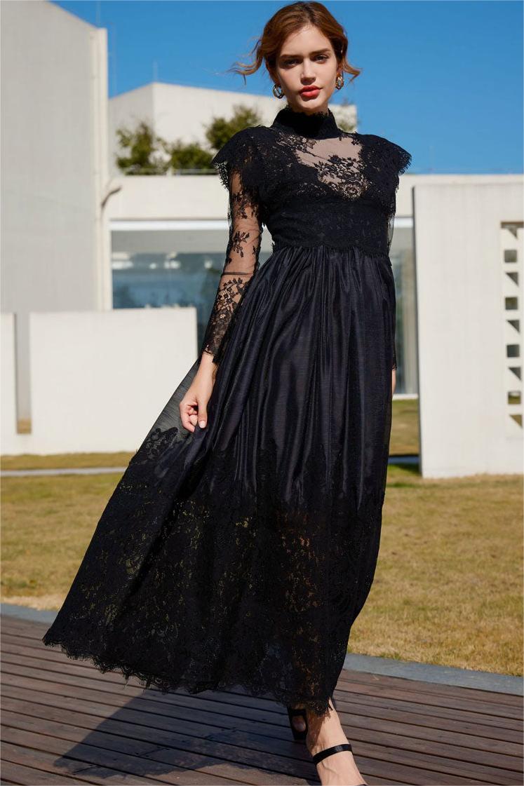 Lace High Neck Long Sleeve Midi Dress