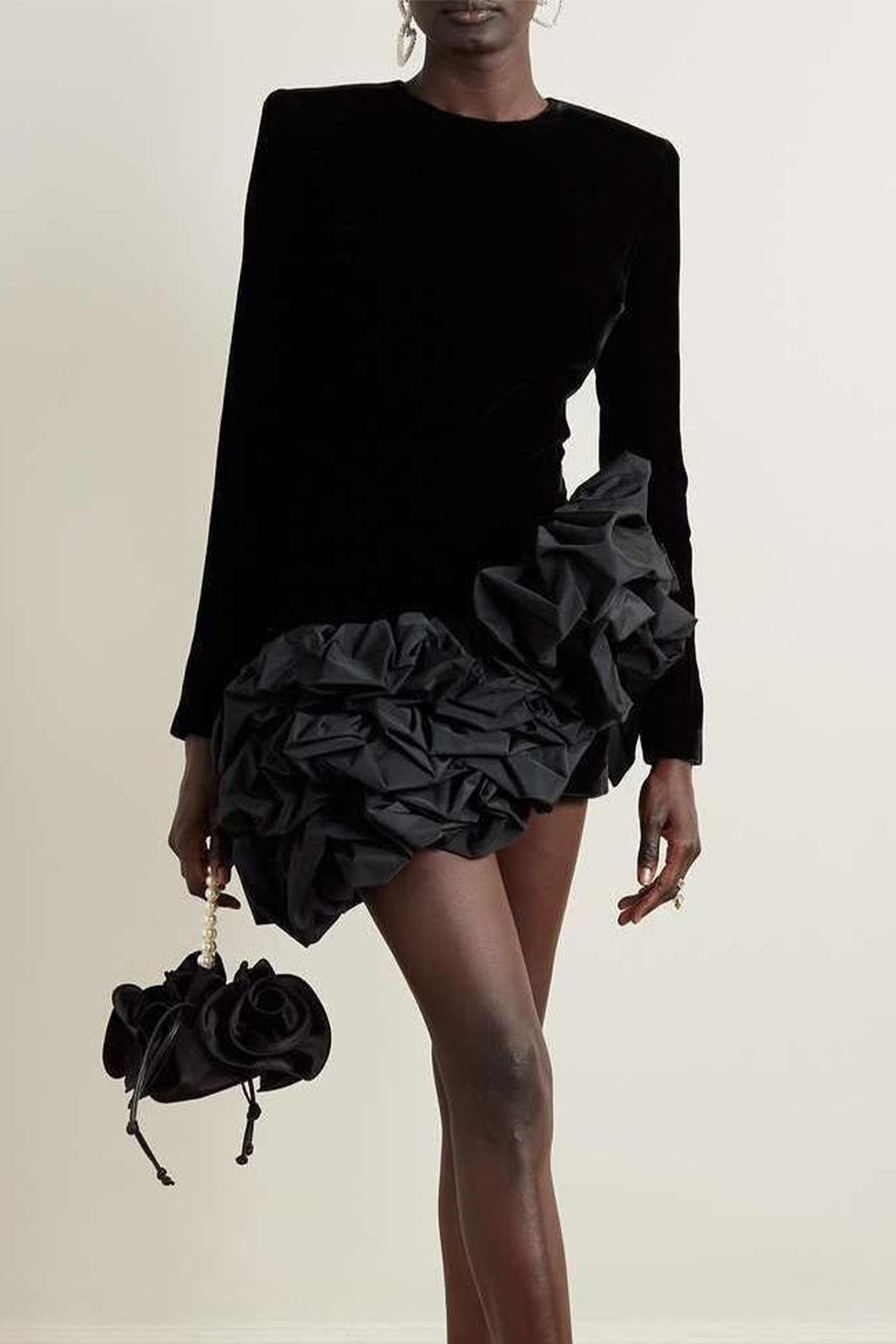 Velvet Long Sleeve Ruffle Mini Dress