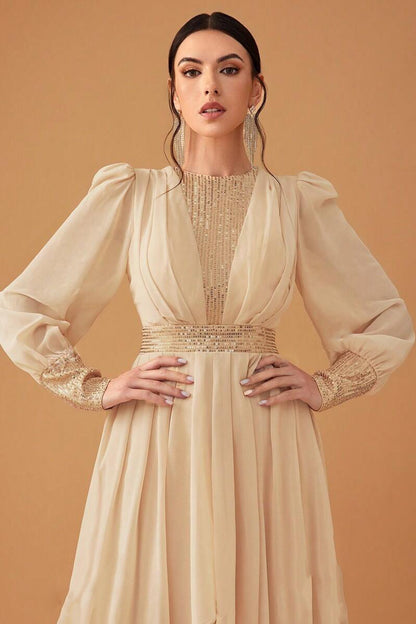 Sequin Puff Sleeve Round Neck Maxi Dress
