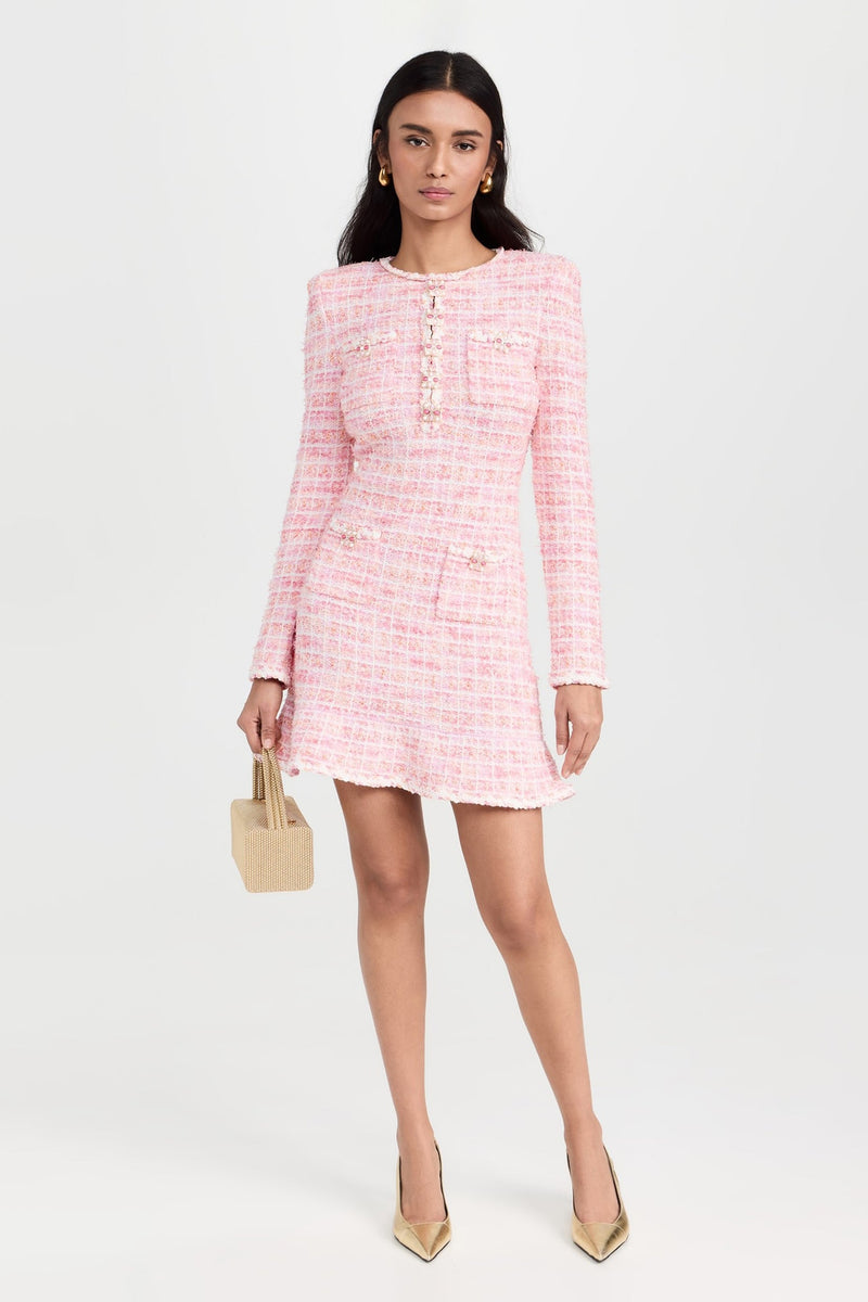 Knit Round Neck Checks Mini Dress
