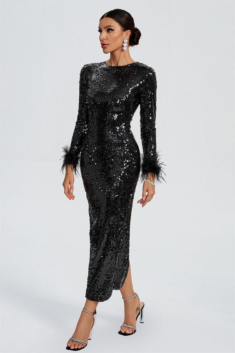 Sequin Feather Long Sleeve Midi Dress