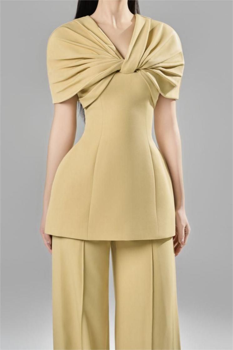 Knotted V-neck Top & High Waist Loose Pants