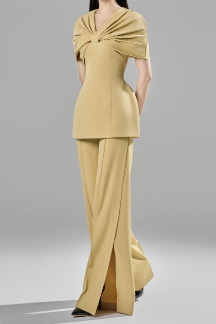 Knotted V-neck Top & High Waist Loose Pants