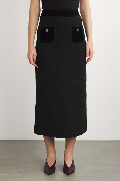 Velvet Splicing High Waist Midi Skirt