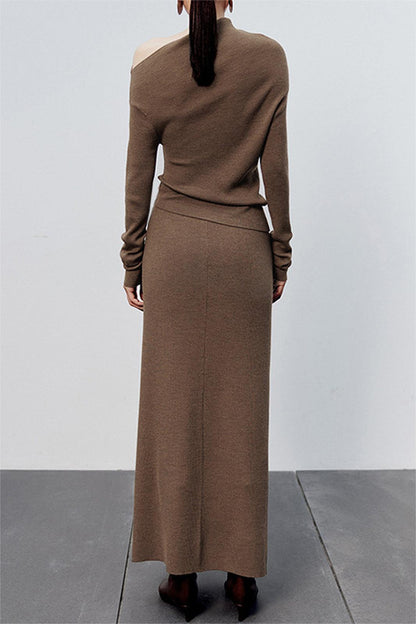 Off-shoulder Top Sweater & High Waist Midi Skirt Set