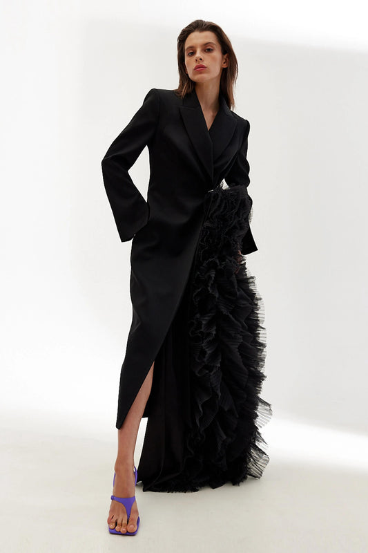 Splicing Frill Asymmetrical Long Sleeve Coat