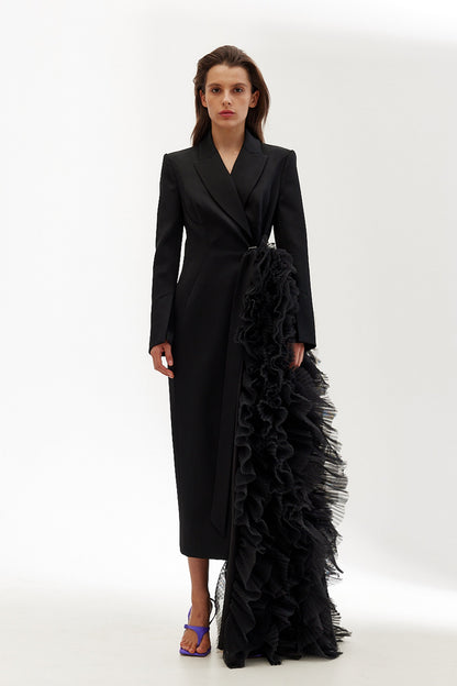 Splicing Frill Asymmetrical Long Sleeve Coat