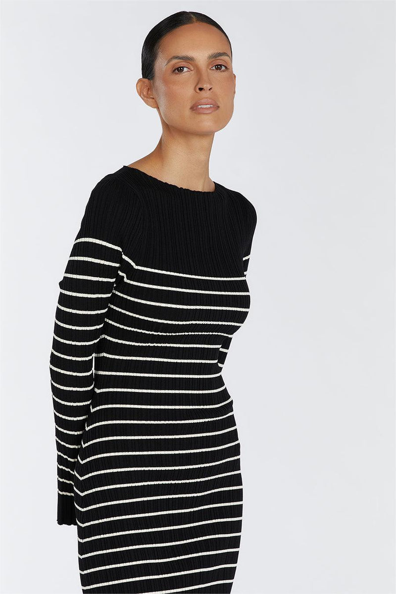 Knit Boat Neck Stripe Long Sleeve Midi Dress