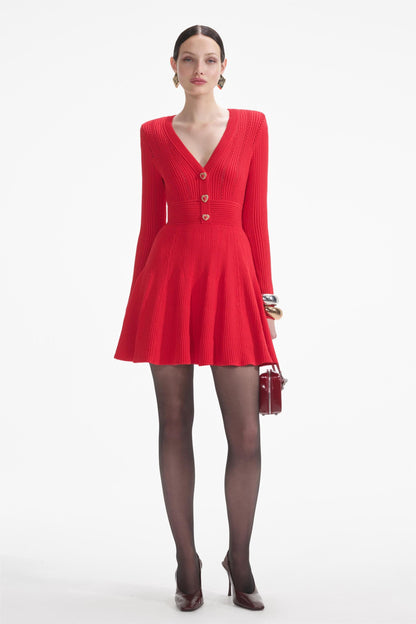 Knit Metal Button Long Sleeve Mini Dress