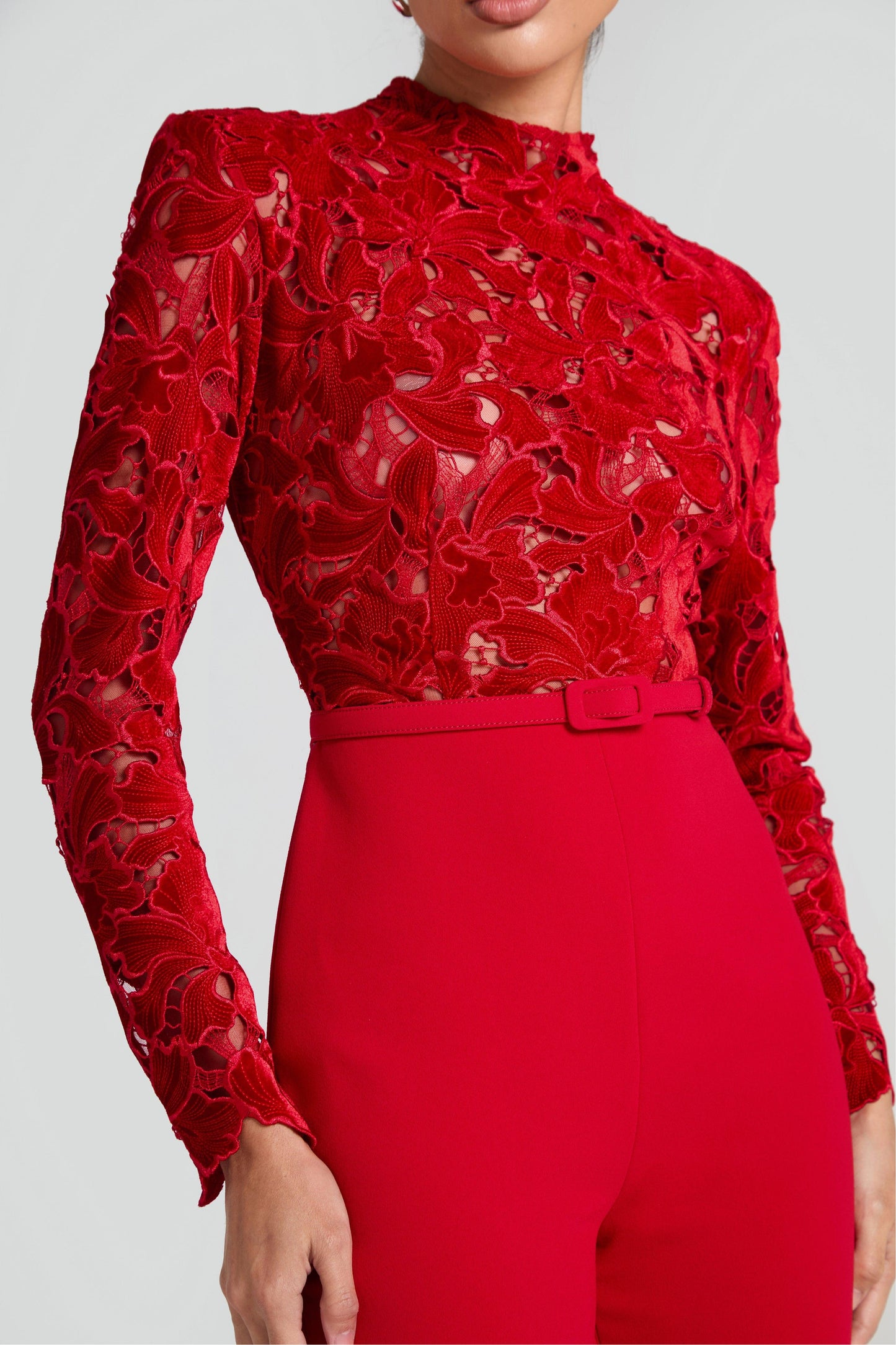 Lace Long Sleeve Jumpsuit With Belt