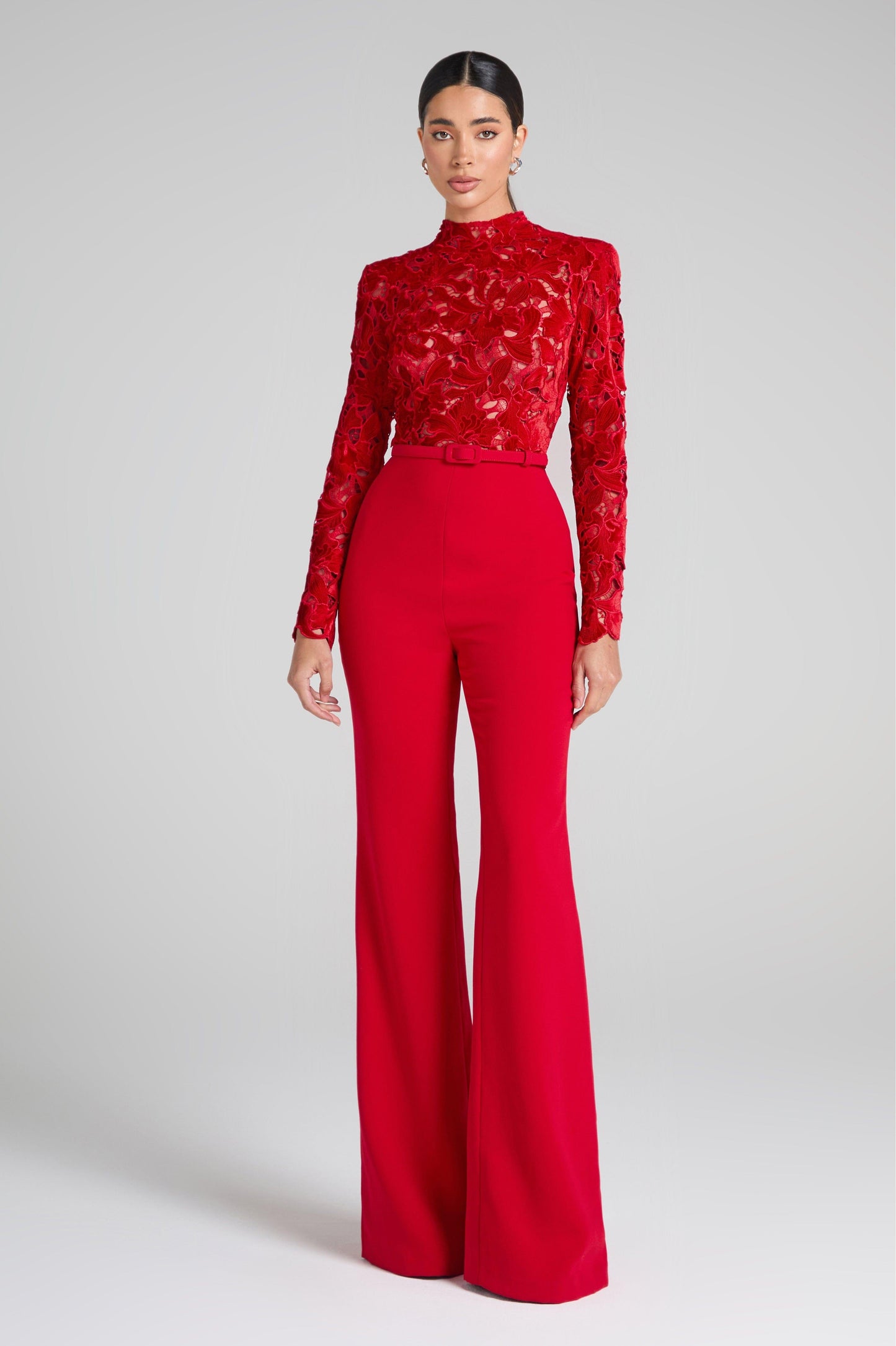 Lace Long Sleeve Jumpsuit With Belt