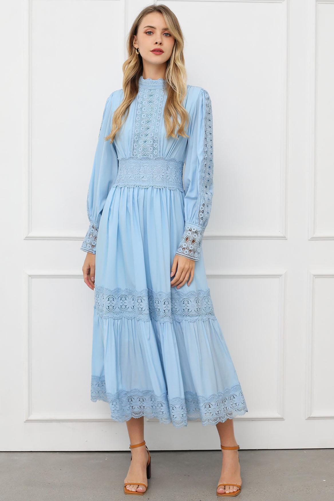 Lace Lantern Sleeve Midi Dress
