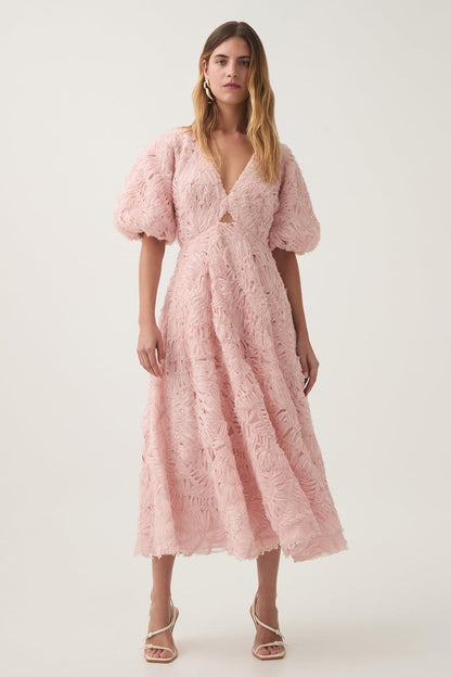 V-neck Puff Sleeve Cut-out Midi Dress