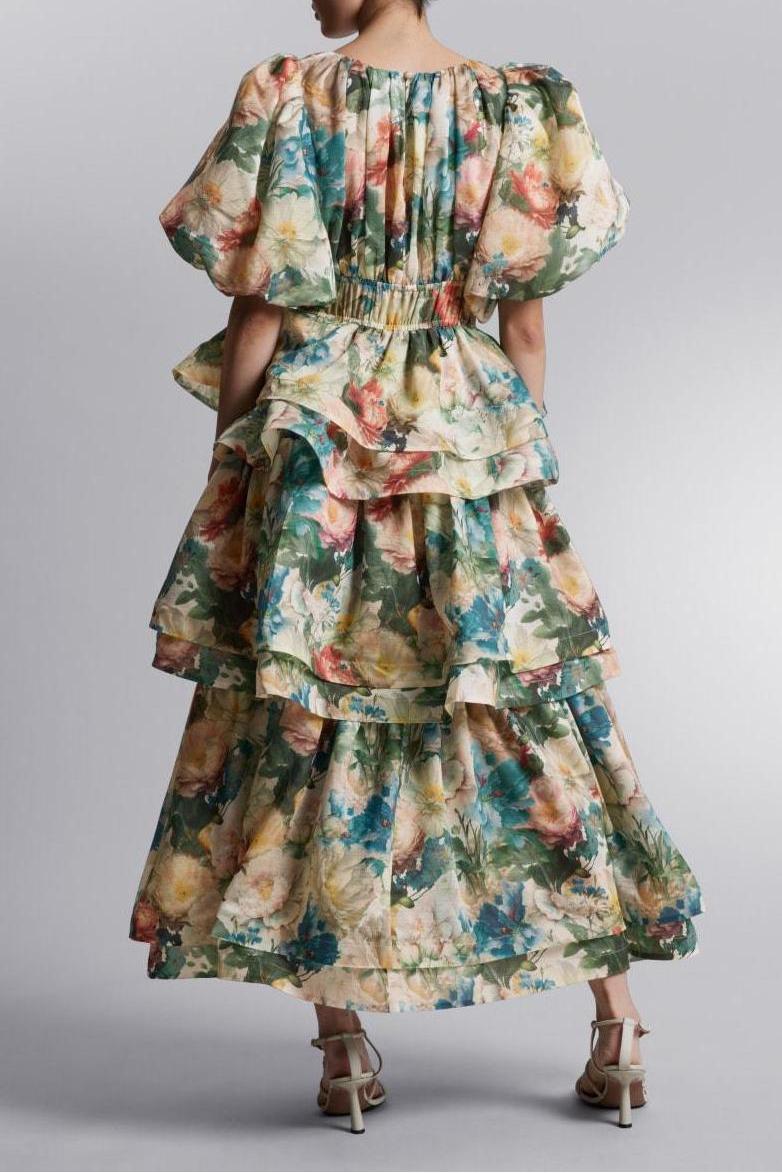 Puff Sleeve Tiered Midi Dress
