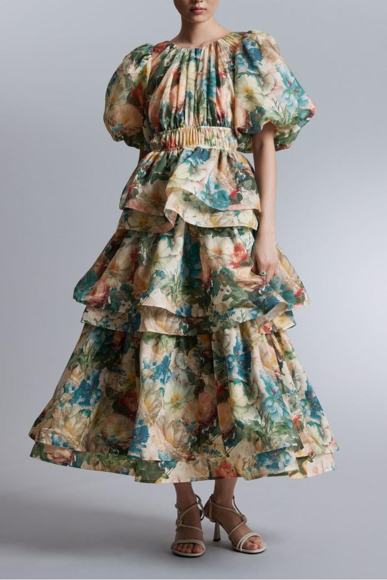 Puff Sleeve Tiered Midi Dress