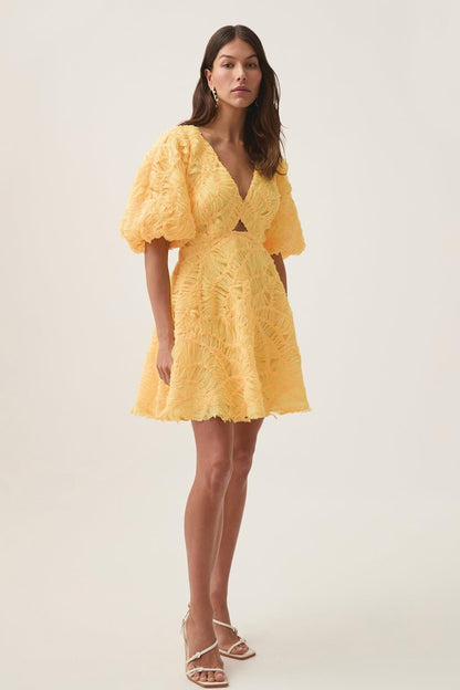 Cut-out V-neck Puff Sleeve Mini Dress