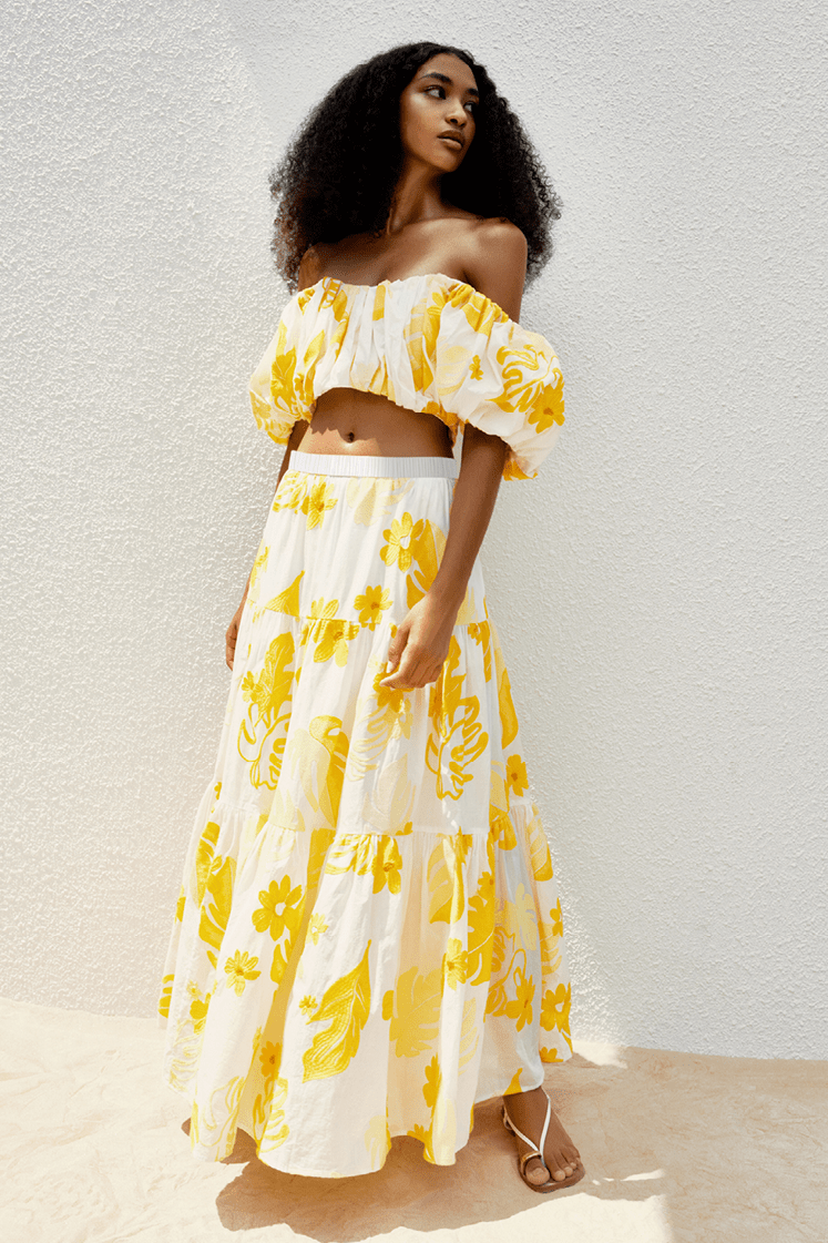 Embroidery Off-shoulder Top & High Waist Midi Dress Set