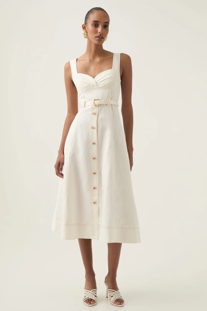 Square Neck Linen Midi Dress With Belt