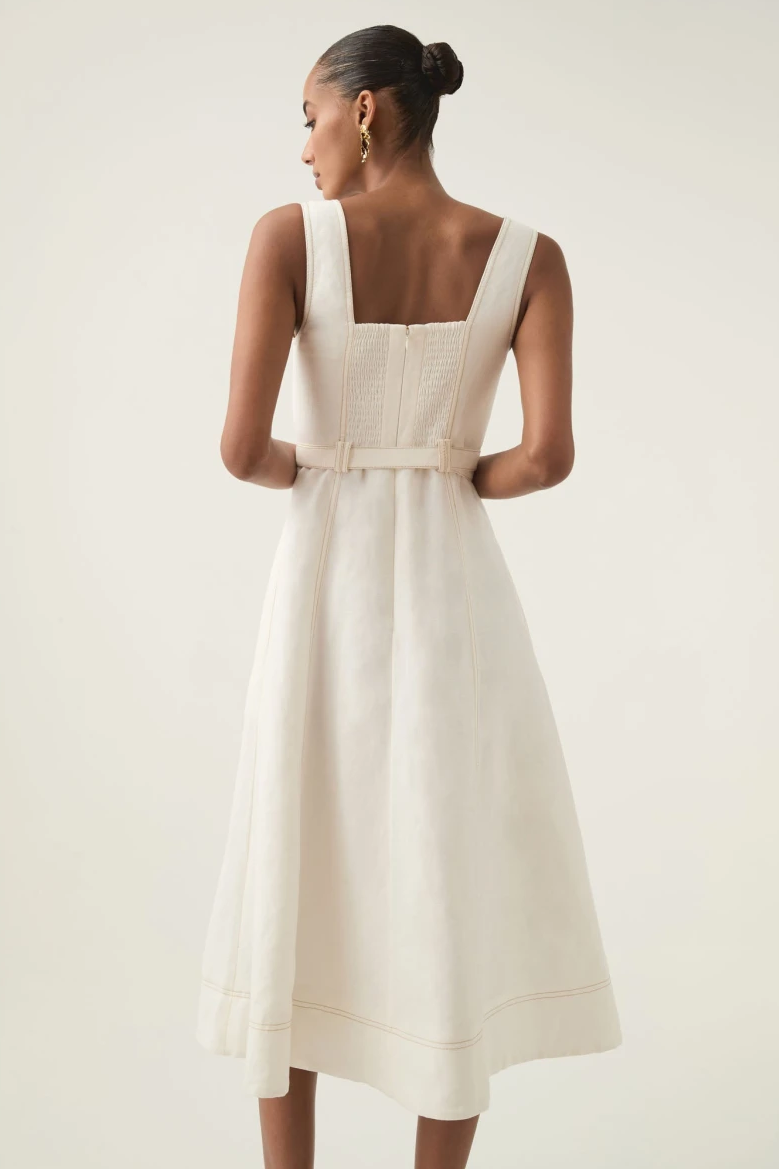 Square Neck Linen Midi Dress With Belt