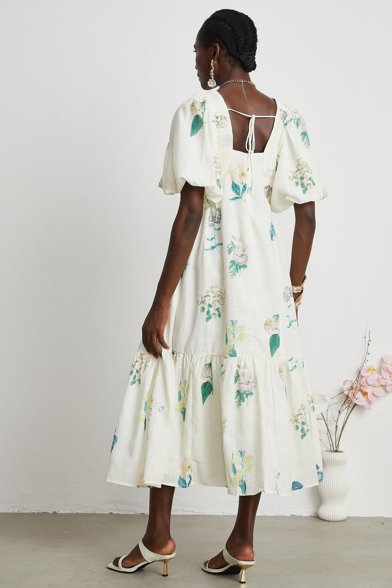 Puff Sleeve Smocking Midi Dress