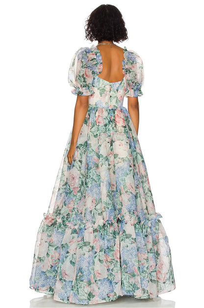 Chiffon Puff Sleeve Ruffle Maxi Dress