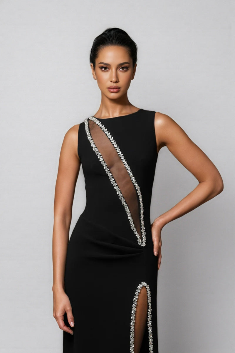 Gideoa Black Mesh Chain Maxi Dress