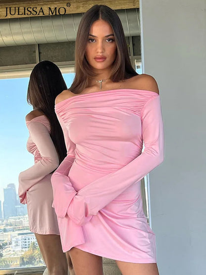 Julissa Mo Autumn Slash Neck Long Sleeve Ruched Pink Mini Dress for Slim Fit A-line Dress Party Clubwear