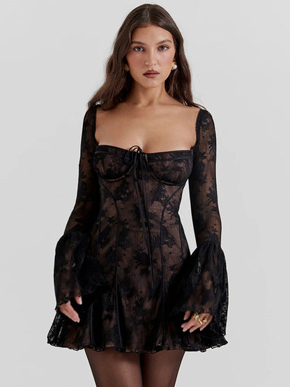 Julissa Mo Lac-up Square Neck Patchwork Long Sleeve Mini Dress Backless Slim Outfits
