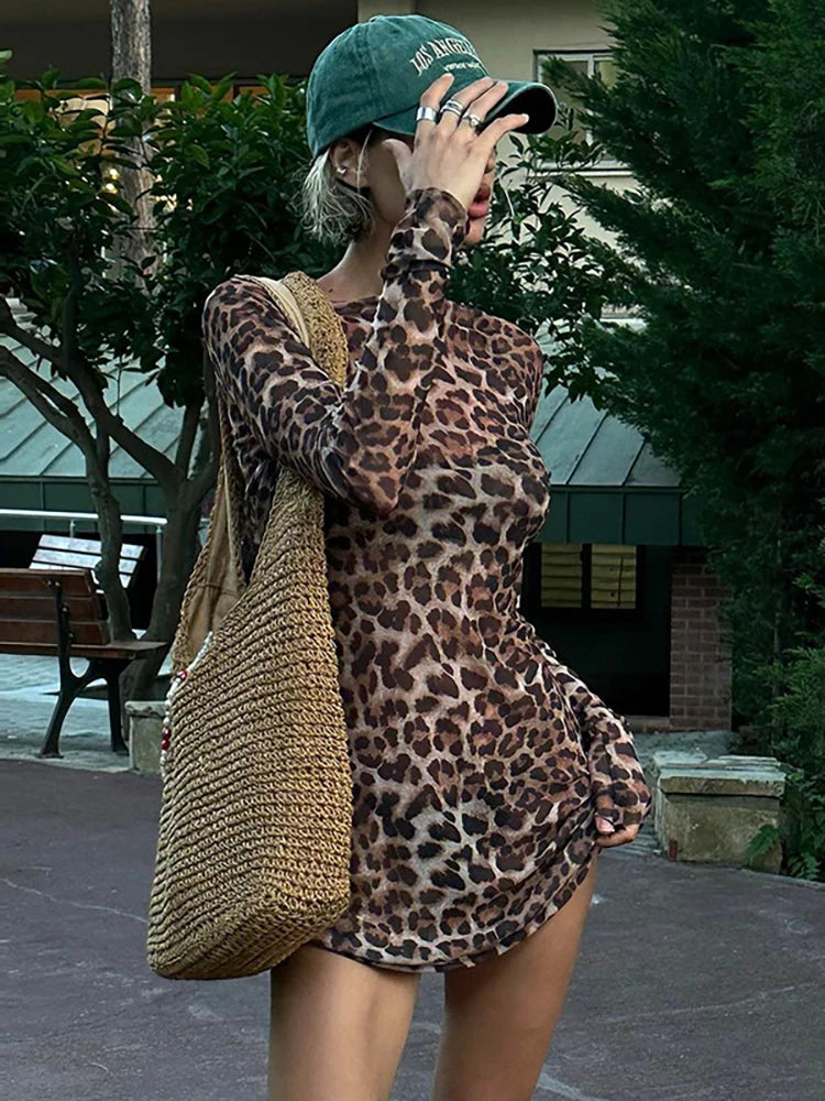 Julissa Mo Print Leopard Two Piece Sets Dress See Through Long Sleeve Dress Female Autumn Slim Party Clubwear