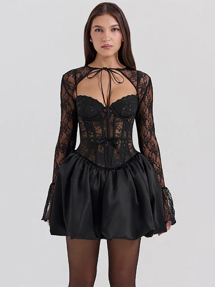 Julissa Mo Sheer Lace Two Piece Sets Dress Black Long Sleeve Lace Up Dress Femme Autumn A-line Party Clubwear