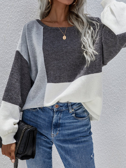 | Color Block Pattern Knit Sweater - Grey