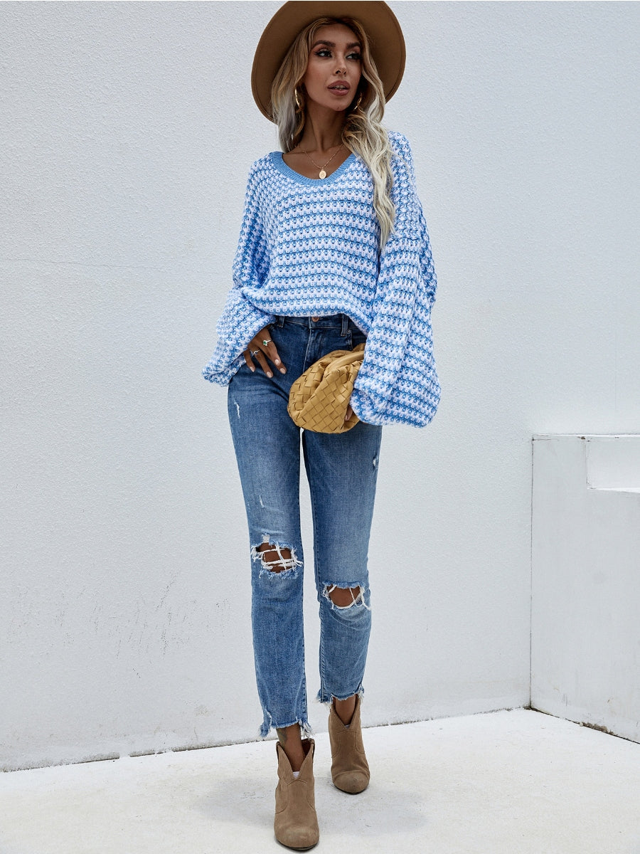 | Puff Sleeve V-neck Sweater - Blue