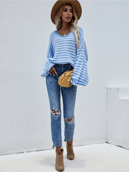 | Puff Sleeve V-neck Sweater - Blue