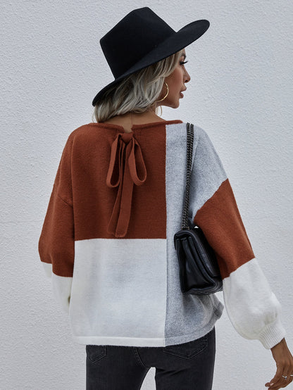 | Color Block Pattern Knit Sweater - Brown