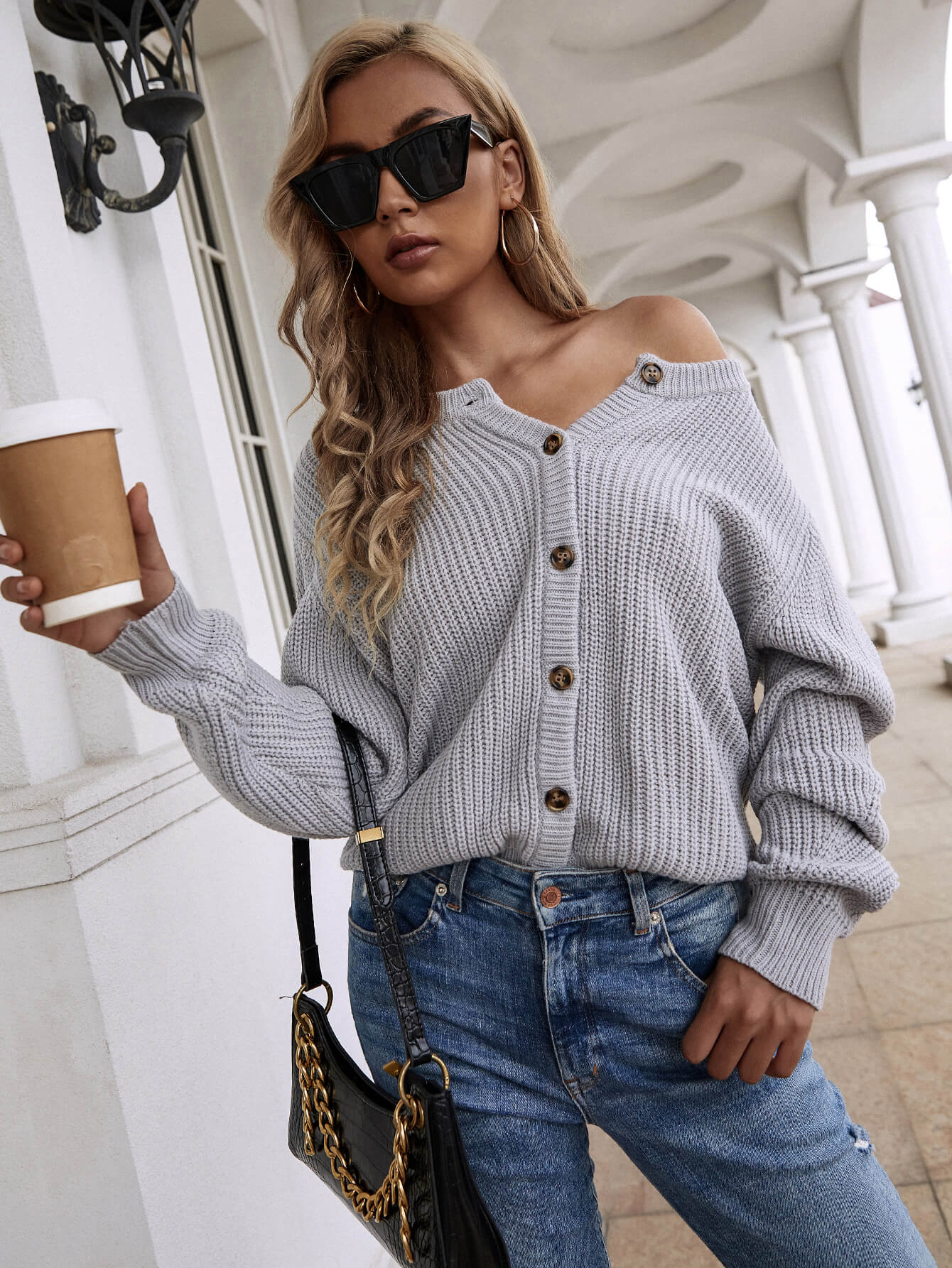 | Front and Back Wearable Knit Cardigan - Grey