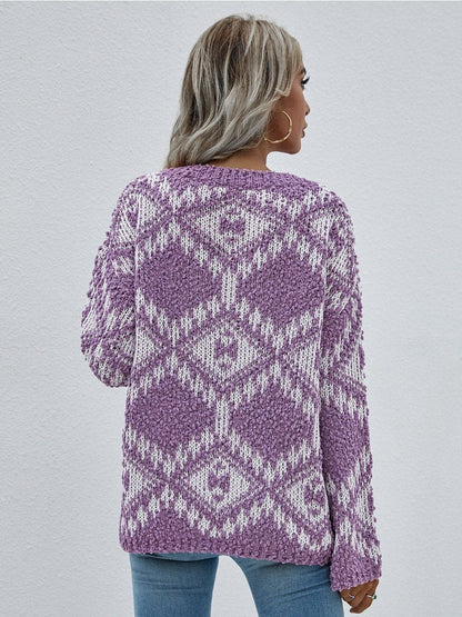 Doll | Purple Geometric Pattern Lantern Sleeve Sweater