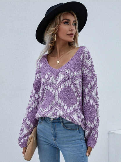 | Geometric Pattern Lantern Sleeve Sweater - Purple