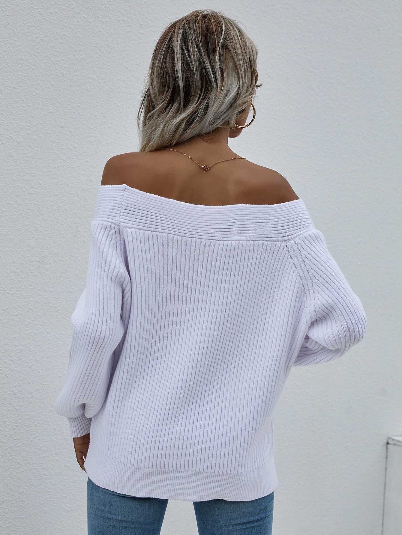 | White Bell-sleeve Off-shoulder Knit Sweater