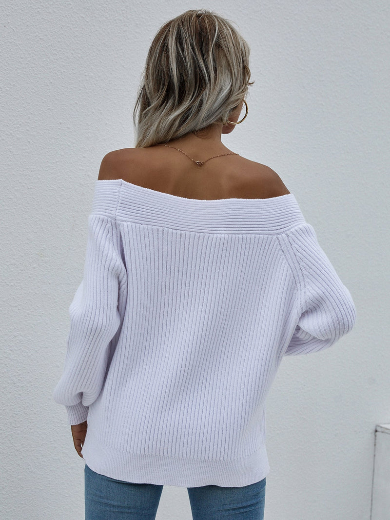| White Bell-sleeve Off-shoulder Knit Sweater