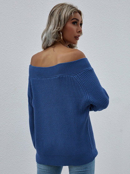 | Navy Bell-sleeve Off-shoulder Knit Sweater