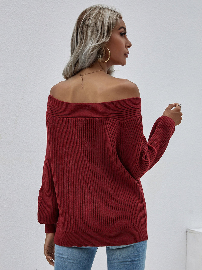 | Maroon Bell-sleeve Off-shoulder Knit Sweater