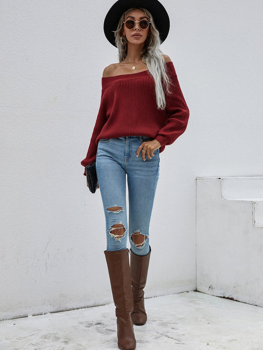 | Maroon Bell-sleeve Off-shoulder Knit Sweater