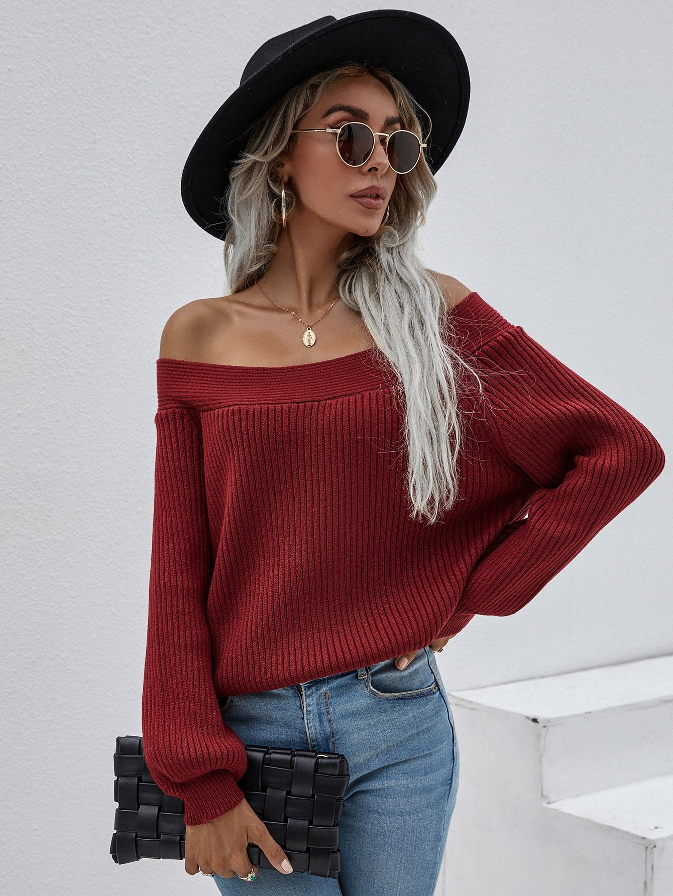 | Maroon Bell-sleeve Off-shoulder Knit Sweater