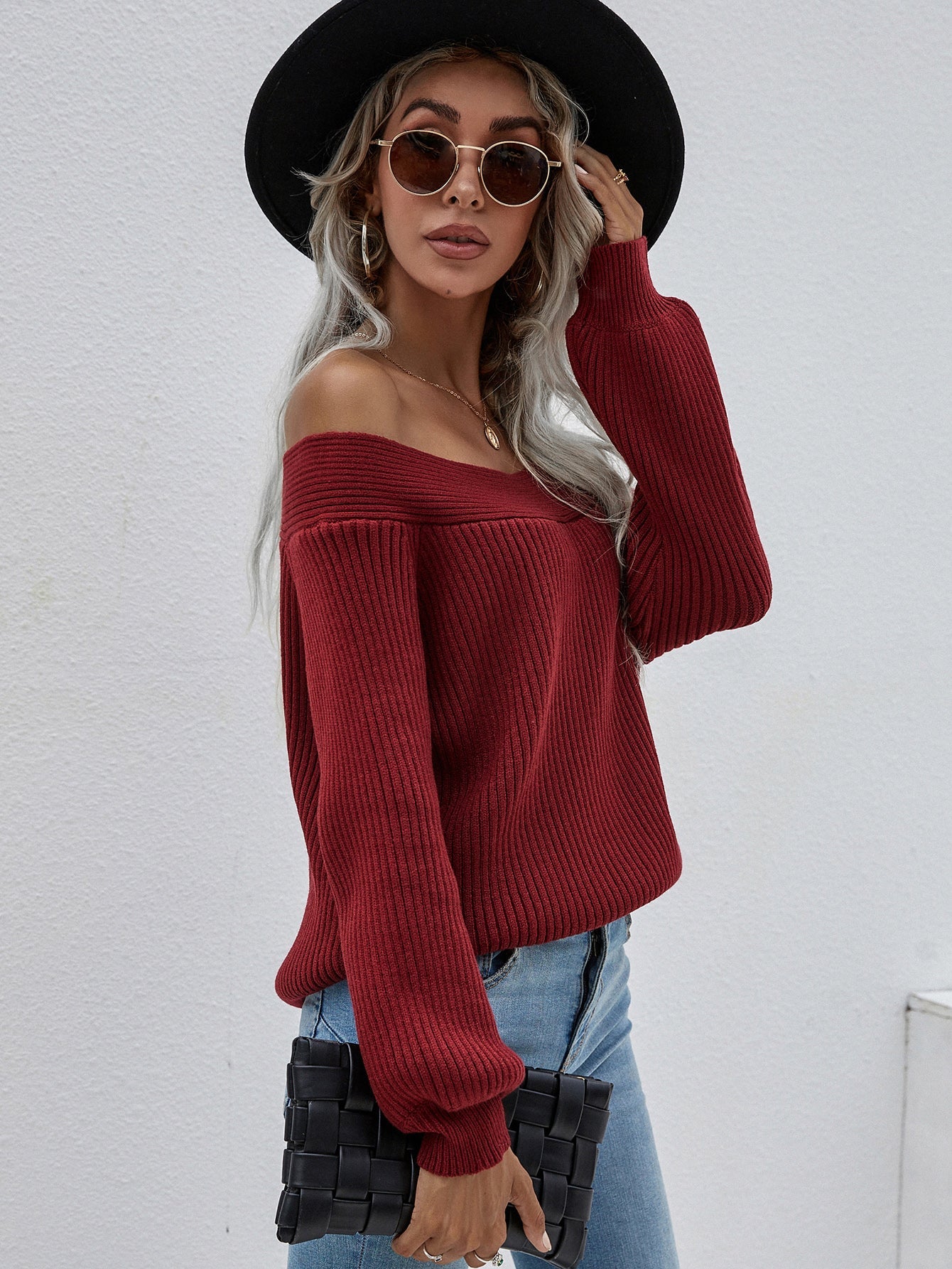 | Maroon Bell-sleeve Off-shoulder Knit Sweater