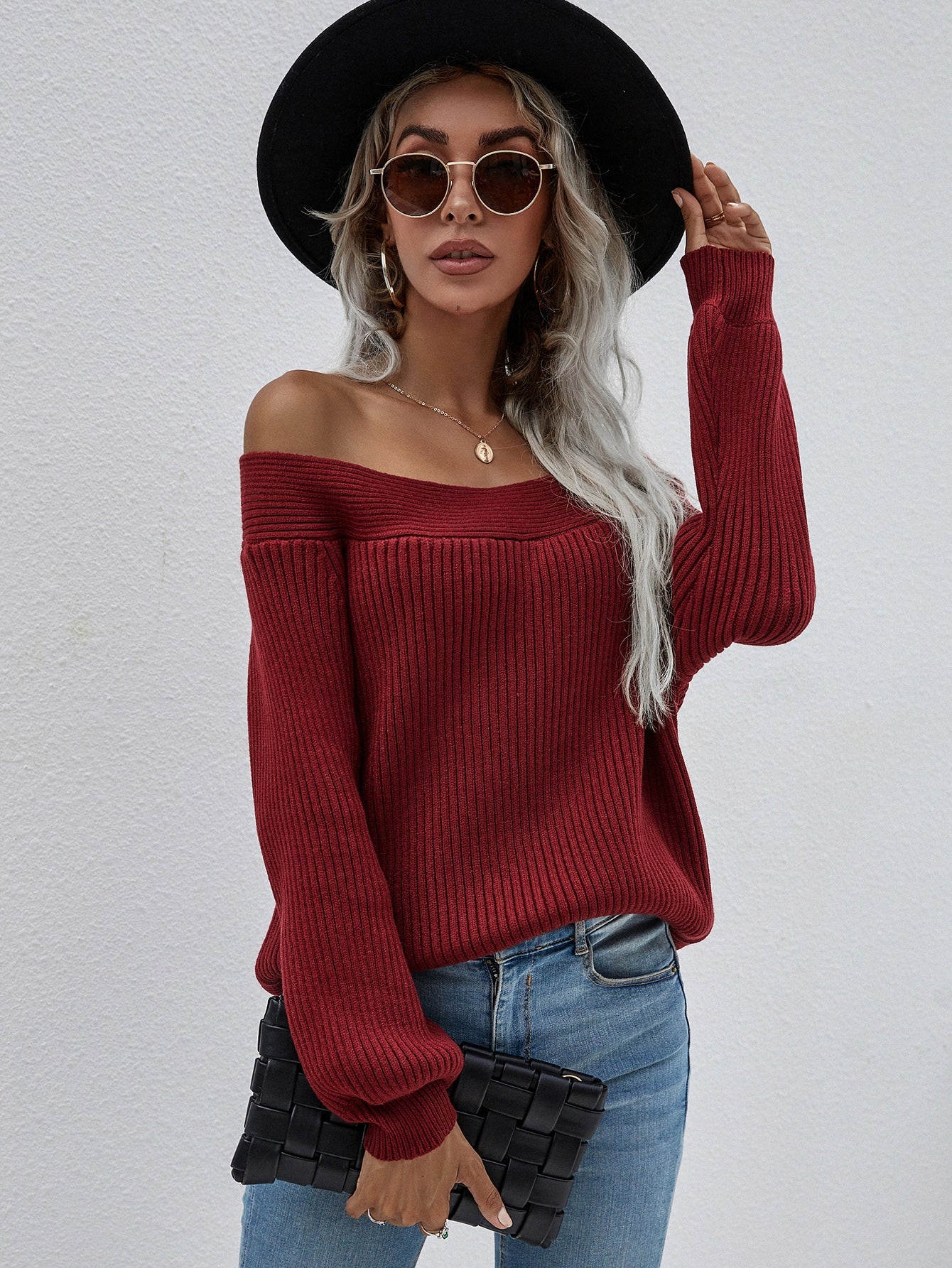 | Maroon Bell-sleeve Off-shoulder Knit Sweater