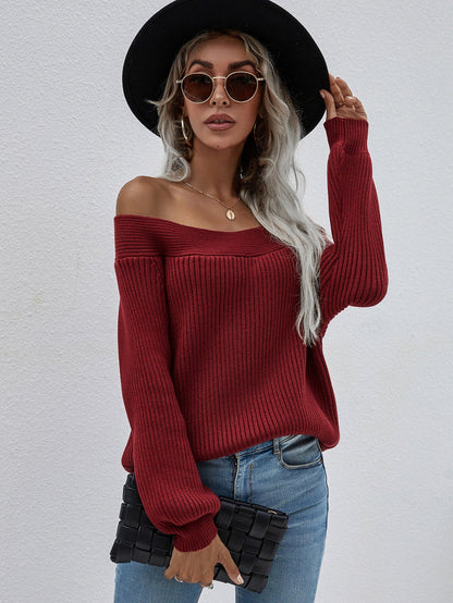 | Maroon Bell-sleeve Off-shoulder Knit Sweater