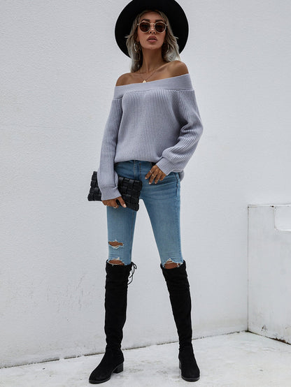 | Grey Bell-sleeve Off-shoulder Knit Sweater