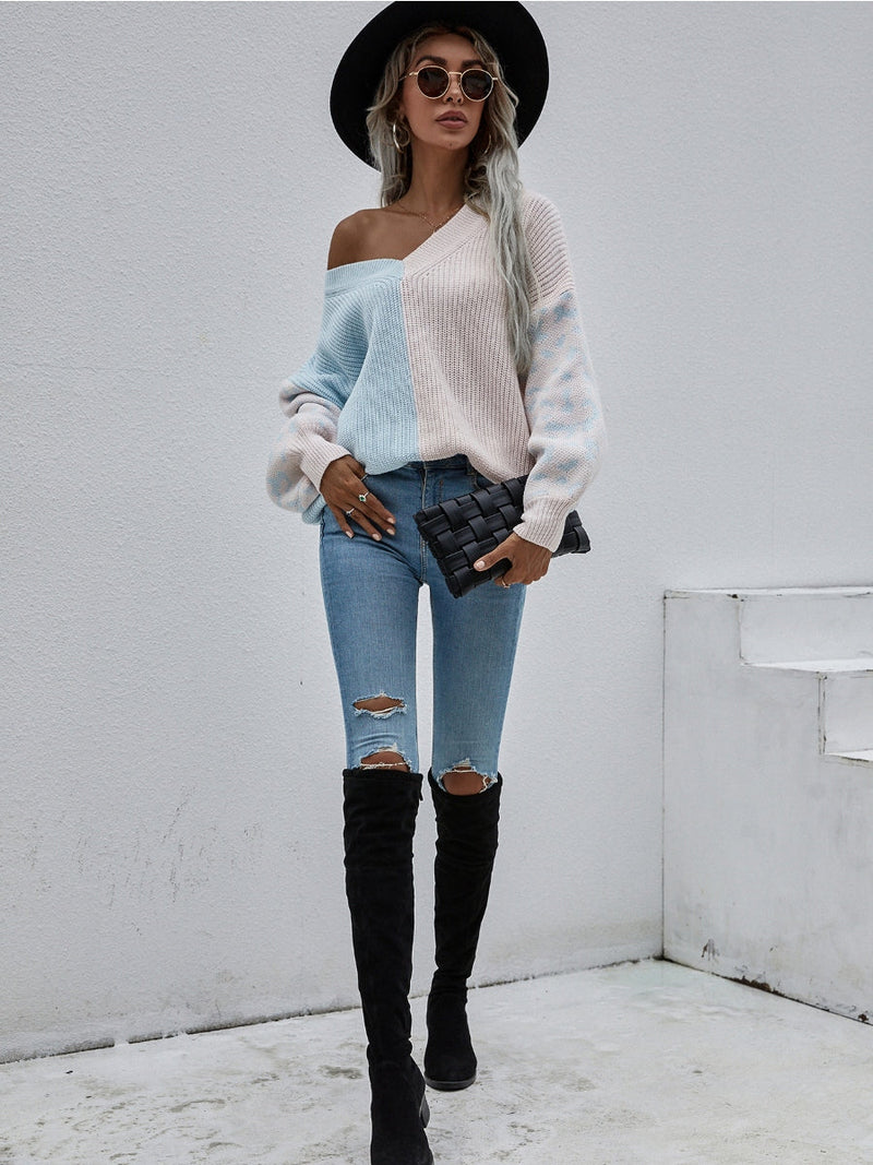 | Color-block Lantern Sleeve Sweater - Blue & Beige Leopard